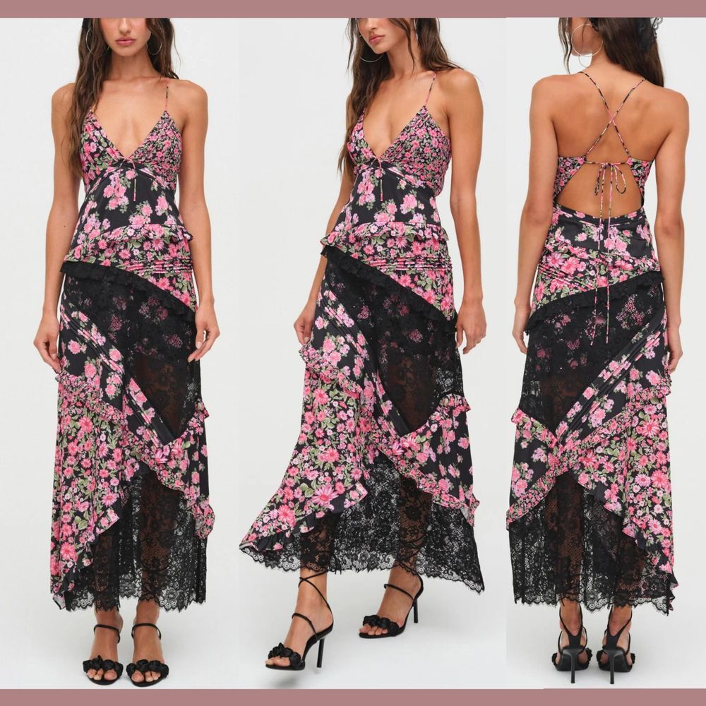 NWT $315 for Love & Lemons [‎ Medium ] Floral Lace Rosalyn Maxi Dress Black Pink